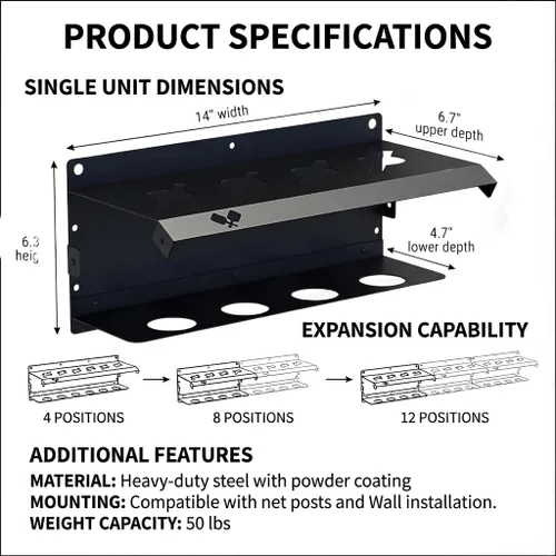 Vista 2 de Pickleball Paddle Rack, Wall or Fence Mounted Organizer Holds 4/8/12 Paddles, Expandable Design for Indoor/Outdoor