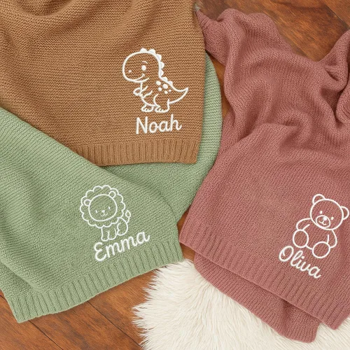 Vista 9 de Manta de punto personalizada y bordada de lujo con nombre de bebé, manta de algodón personalizada y monogramada para la guardería, regalos para bebé