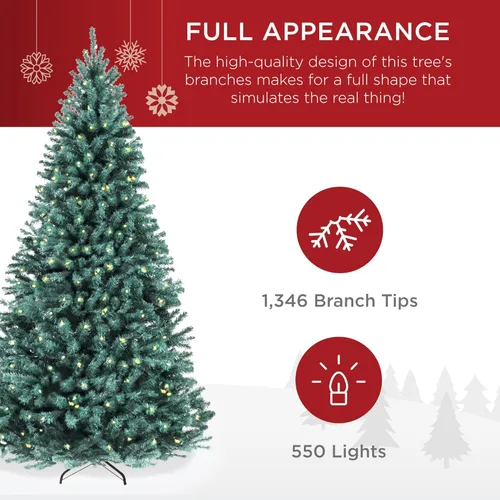 Vista 4 de Best Choice Products Árbol de Navidad de abeto azul preiluminado, decoración artificial con bisagras completas, 420 luces incandescentes blancas