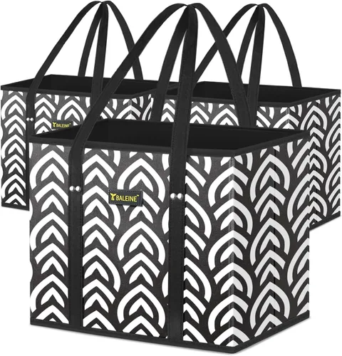 Vista 9 de BALEINE Paquete de 3 bolsas reutilizables para comestibles, bolsas de compras plegables para comestibles con parte inferior reforzada y asas Follaje