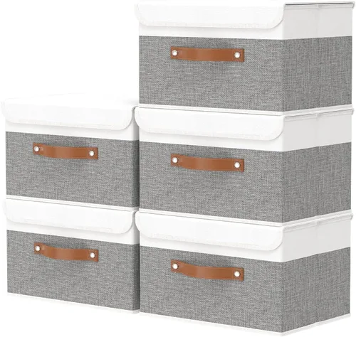 Vista 8 de OUTBROS Cajas de almacenamiento, contenedores de almacenamiento plegables con tapas, cestas de almacenamiento de tela de algodón y lino con asa