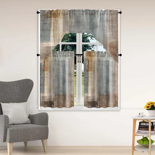 Vista 8 de Juego de cortinas de ventana de nivel y botín naranja, 3 piezas, juego de cenefa de arte abstracto, cortina gris con bolsillo para barra