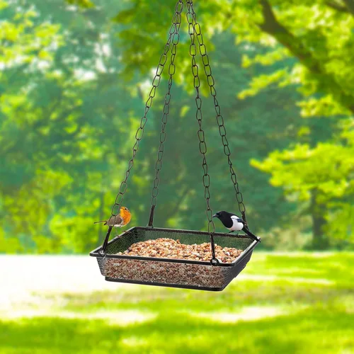 Vista 5 de Bandeja colgante de metal para comedero de pájaros, plataforma de malla para alimentar semillas con cadenas, decoración de jardín al aire libre