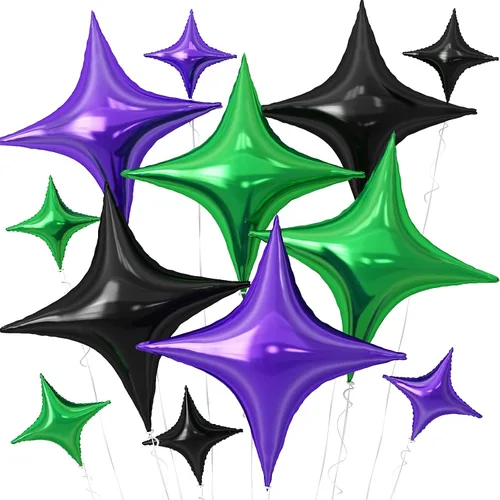 Vista 26 de Globos de Estrella Negra, 12 Piezas Globos de Papel de Aluminio de Estrella de Cuatro Ángulos, 26 Pulgadas y 10 Pulgadas Globo de Película de Negro