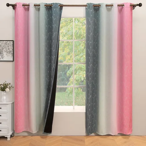 Vista 8 de ColorBird Cortinas Opacas de 84 Pulgadas de Largo, Juego de 2 Paneles Ombré Floral Negro y Blanco, Aislamiento Térmico, Tratamiento de Ventanas