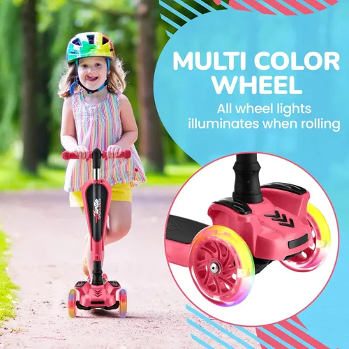 Vista 5 de Hurtle Patinete de 3 ruedas para niños, luces LED de ruedas, manubrio ajustable de inclinación para dirigir y asiento plegable, paseo sentado