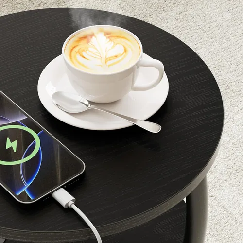 Vista 8 de Mesa auxiliar redonda con toma de corriente y puertos USB, mesa auxiliar de 3 niveles con estante de almacenamiento, mesita de noche rústica