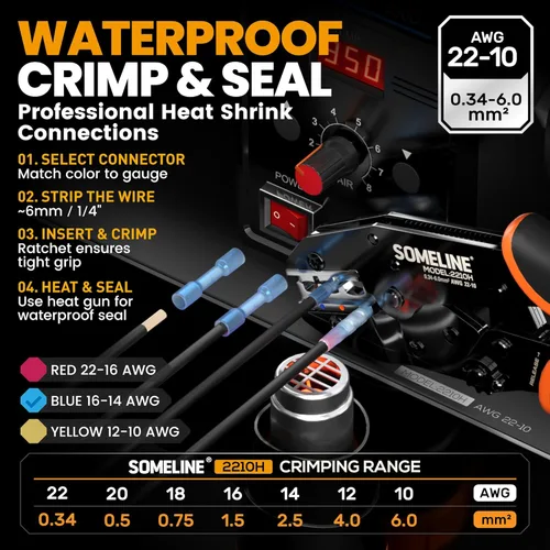 Vista 2 de SOMELINE - Herramienta de crimpado para kit de conectores termorretráctiles, con conectores termorretráctiles de extremo calibre 22-10 de grado