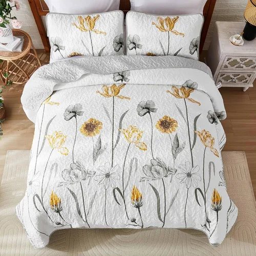 Vista 6 de WONGS BEDDING Juego de edredón floral tamaño King, juego de ropa de cama gris y amarillo con 2 fundas de almohada, juego de ropa de cama floral