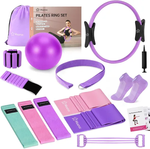 Vista 10 de Pilates Equipment Kit for Home Workout, Pilates Ring and Ball Set for Women, 14'' Magic Circle Essentials Accessories Kit, Wrist Weights, Resistance