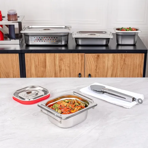 Vista 3 de Restaurantware Met Lux - Bandeja de mesa de vapor de 7 x 6.4 x 2.5 pulgadas, 1 sexto sartén de hotel, bandeja de acero inoxidable plateado profundo