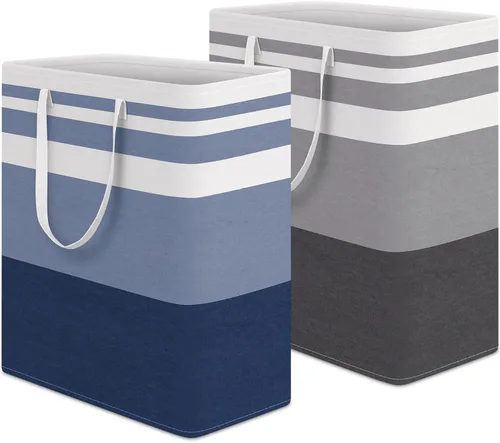 Vista 21 de HomeHacks Paquete de 2 cestas grandes para la lavandería, impermeable, cesta de lavandería independiente, cesta de ropa alta plegable con asas Azul
