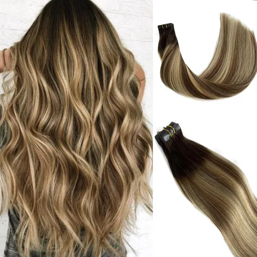 Vista 11 de Extensiones de cabello humano rubio con cinta, reflejos rubio ceniza y rubio platino, extensiones de cabello rubio platinado, cinta adhesiva