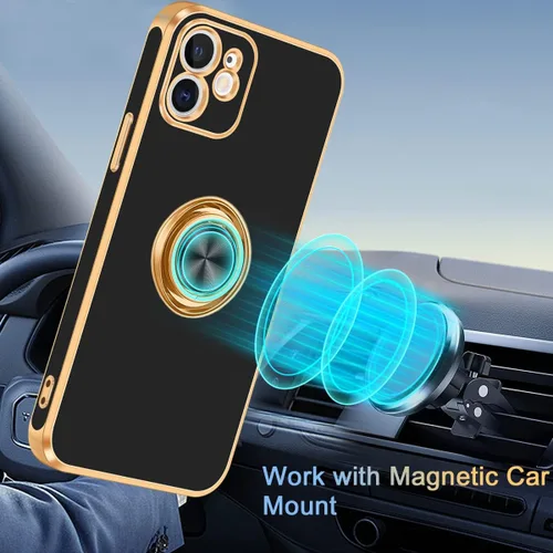 Vista 3 de Fingic Funda para iPhone 12 con Soporte de Anillo, [Soporte de Anillo Giratorio de 360° Magnético con Base] [Borde Dorado Brillante con Enchapado]