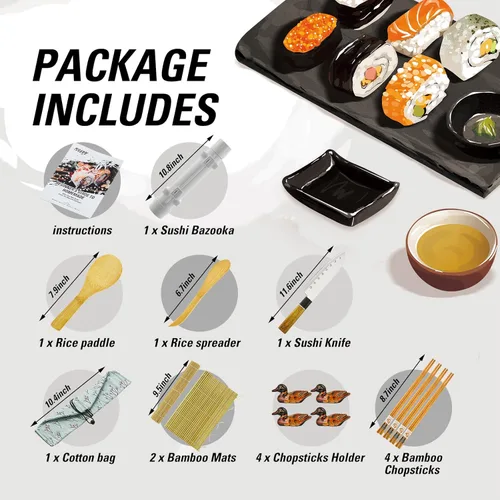 Vista 2 de ISSEVE Kit de fabricación de sushi con bazuca para sushi, esteras de bambú y palillos, paleta, esparcidor, cuchillo para sushi, máquina enrolladora