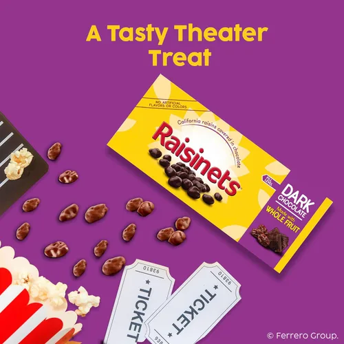 Vista 6 de Raisinets, pasas cubiertas de chocolate oscuro de California, caja de caramelos de cine, 3.1 oz cada una, paquete a granel de 15