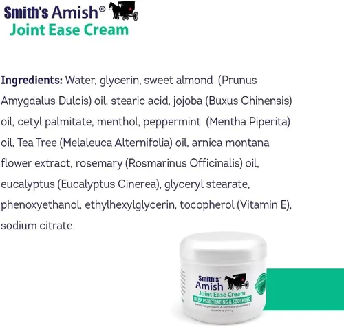 Vista 4 de Smith's Amish Crema Joint Ease Tarro de 4 onzas. Calmante y refrescante, con botánicos de árnica, menta, árbol de té, romero y eucalipto