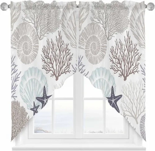 Vista 11 de Cenefa de amarre para ventanas, cortinas náuticas costeras de coral, cenefas con bolsillo para barra, cortinas de ventana con temática de playa