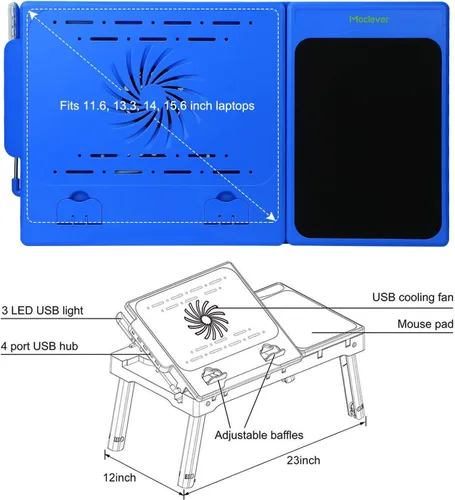 Vista 3 de Moclever - Mesa para laptop para cama, multifuncional, con ventilador de enfriamiento interno, 2 soportes independientes para laptop, plegable, 3