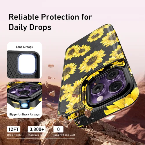 Vista 26 de LETO para iPhone 15 Pro Funda tipo cartera - Tapa tipo folio con patada - Diseños de moda - Tarjetero - Funda protectora para mujeres y niñas - 6.1