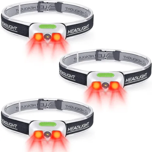 Vista 12 de Linterna frontal recargable, ultra brillante de 500 lúmenes, 5 modos de iluminación con luz roja, IPX4, impermeable, correa ajustable, linterna