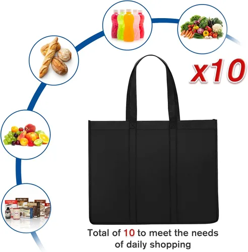 Vista 5 de WISELIFE Bolsas de compras reutilizables para comestibles, paquete de 10 bolsas grandes plegables a granel, con asa larga para compras de Negro