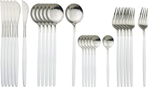 Vista 9 de Juego de cubiertos plateados con mango negro, 24 piezas de acero inoxidable brillante, cubiertos para 6, aptos para lavavajillas