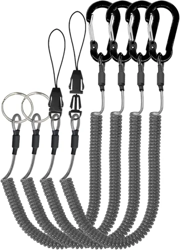Lix&Rix Cordón en espiral elástico en espiral con abrazaderas de mosquetón, herramienta de equipo de pesca, correa de sujeción, anillo y tipo de