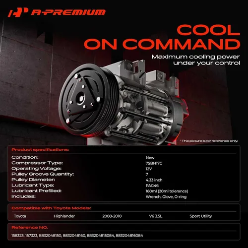 Vista 2 de A-Premium Compresor A/C con embrague compatible con Toyota Highlander 3.5L 2008-2010