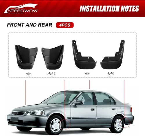 Vista 5 de SPEEDWOW Aletas de barro, aptas para Honda Civic 1996-2000 (no compatible con faldas laterales), juego de 4 piezas delanteras y traseras
