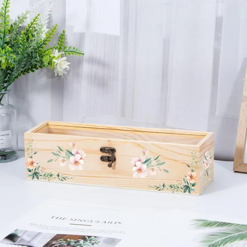 Vista 6 de Caja de madera sin terminar con tapa de vidrio con bisagras, caja de vino de madera de 11.8 x 3.3 x 3.2 pulgadas, caja de recuerdo decorativa