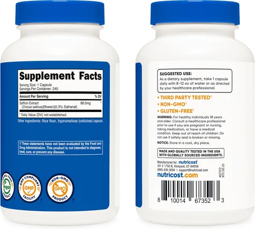 Vista 4 de Nutricost - Extracto de Azafrán 88.5 mg, 240 Cápsulas - Cápsulas vegetarianas, sin OMG, sin gluten