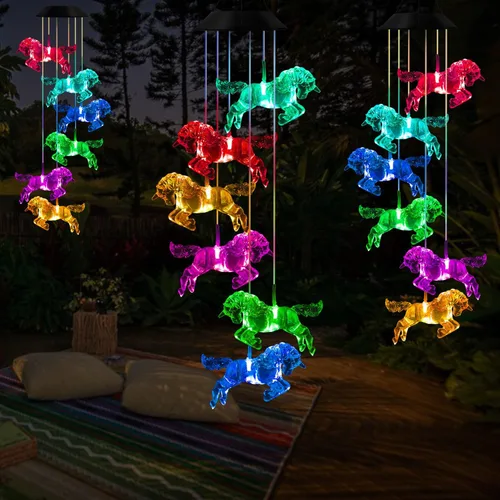 Vista 2 de Campanillas de viento de caballo solares, campanillas de viento de caballos que cambian de color, luces de caballo solares impermeables, campanillas