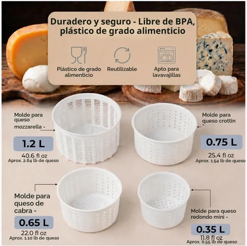 Vista 2 de Juego de moldes para queso, 4 cestas de drenaje de queso surtido para hacer queso casero, capacidad de 11.8-40.6 fl oz, aproximadamente 0.55-2.64