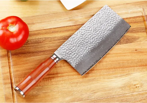 Vista 5 de SUNLONG Carne Cleavers 7 pulgadas Damasco Vegetales Cuchillo Japonés Martillado Damasco Acero Sangre, Mango