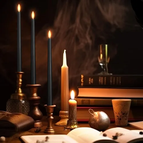 Vista 4 de Qunclay 120 velas cónicas negras sin llama con luz amarilla parpadeante de plástico realista de 11 pulgadas de largo, funciona