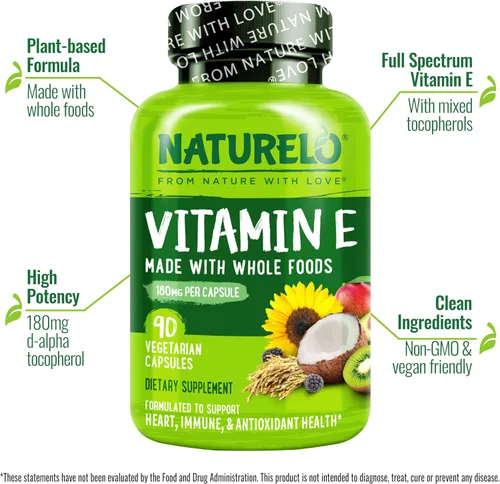 Vista 2 de NATURELO Vitamina E – 180 mg (300 UI) de tocoferoles mixtos naturales de alimentos integrales orgánicos – Suplemento para piel sana, cabello, uñas