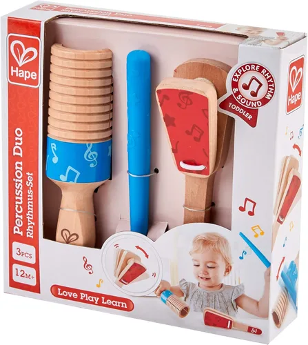Vista 6 de Hape Percussion Duo Juego de instrumentos musicales de mano de madera y guiro para niños pequeños
