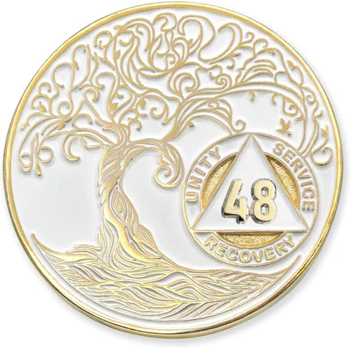 Vista 58 de 1 año Sobriety Mint Twisted Tree of Life Medallón de recuperación AA chapado en oro, chip/ficha - negro