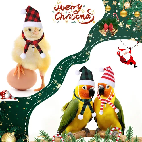 Vista 3 de JUNEBRUSHS Mini sombreros y bufandas de Papá Noel, 12 piezas de accesorios de Navidad para mascotas, rojo, verde, blanco, ajustable, se adapta a