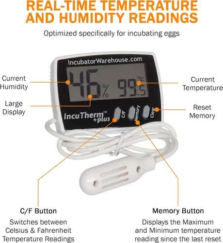 Vista 2 de Incubator Warehouse IncuTherm™ Plus Termómetro digital e higrómetro para incubadora de huevos - Pantalla digital grande con memoria mínima/máxima