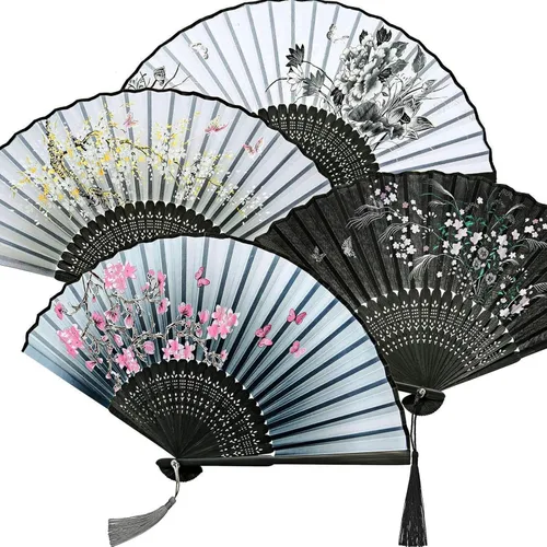 Vista 11 de Zonon 4 Pack de abanicos de mano florales plegables, abanicos de seda de bambú con borla para mujer, abanico de mano hueco plegable con funda