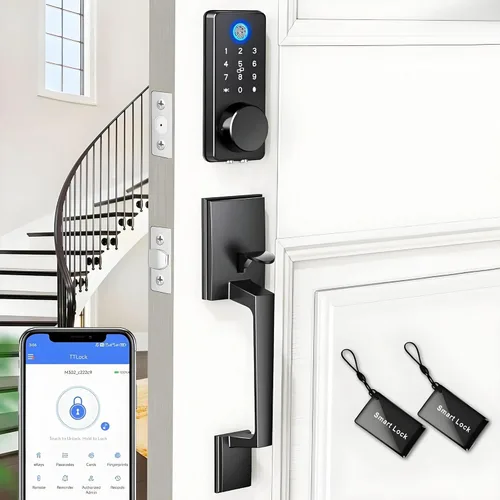Vista 10 de Juego de cerradura inteligente WiFi para puerta de entrada sin llave con manija de puerta delantera, desbloqueo biométrico de huellas dactilares