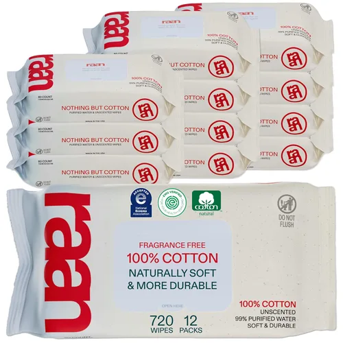 Vista 11 de Raan, 100% Cotton Baby & Toddler Wipes, Unbleached, 99% Purified Water, Unscented, EWG verified, Made for Sensitive Skin, Extra Soft and Durable, 12
