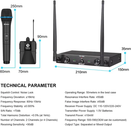 Vista 8 de D Debra Audio AU200 Pro UHF Sistema de micrófono inalámbrico de 2 canales con micrófonos de diadema lavalier inalámbricos de mano, receptor
