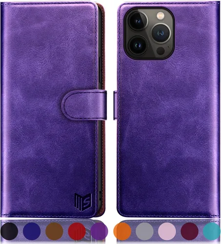 Vista 14 de SUANPOT Funda tipo cartera para iPhone 14 Pro de 6.1 pulgadas con bloqueo RFID, tarjetero y tarjetero, funda protectora de piel sintética con tapa