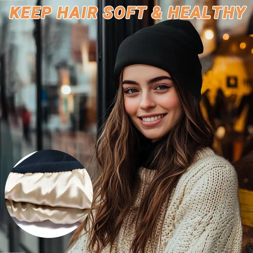 Vista 2 de NPQQUAN 2 PCS Satin Lined Beanie for Women Silk Lined Beanies Winter Warm Soft Lining Cuffed Knit Beanie Hats for Woman