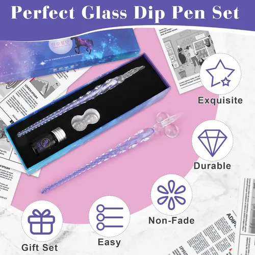 Vista 4 de Luxiv Juego de Plumas de Tinta de Vidrio, Pluma de Inmersión de Vidrio con Tinta Fluorescente y Soporte para Pluma, Plumas de Vidrio de Cristal