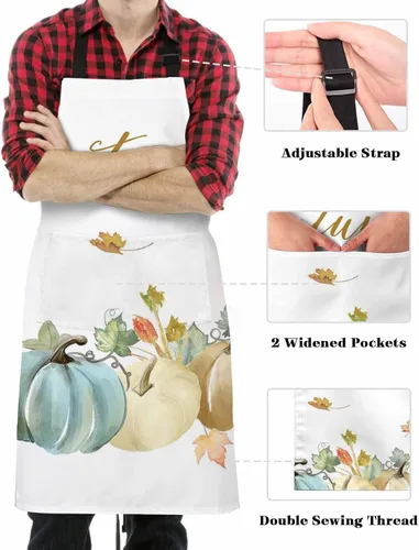 Vista 3 de Waterproof Apron with 2 Pockets, Thanksgiving Fall Pumpkin Watercolor Adjustable Man and Women Kitchen Bib Apron for Baking Cooking Restaurant BBQ