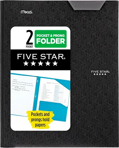 Five Star Carpeta de 2 bolsillos, carpeta de plástico con pestañas que se mantienen en su lugar y sujetadores de puntas, capacidad para papel de